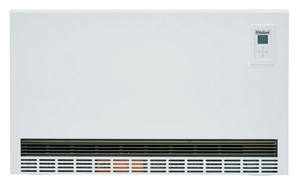 Weißes Elektro-Speicherheizgerät von Vaillant mit digitalem Bedienfeld und Lüftungsschlitzen im unteren Bereich.